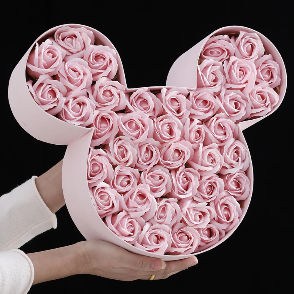 Jab&oacute;n de rosas artificiales con caja de regalo de dibujos animados, cabezas de flores para boda, regalo de cumplea&ntilde;os y San Valent&iacute;n, 42 unids/caja-3