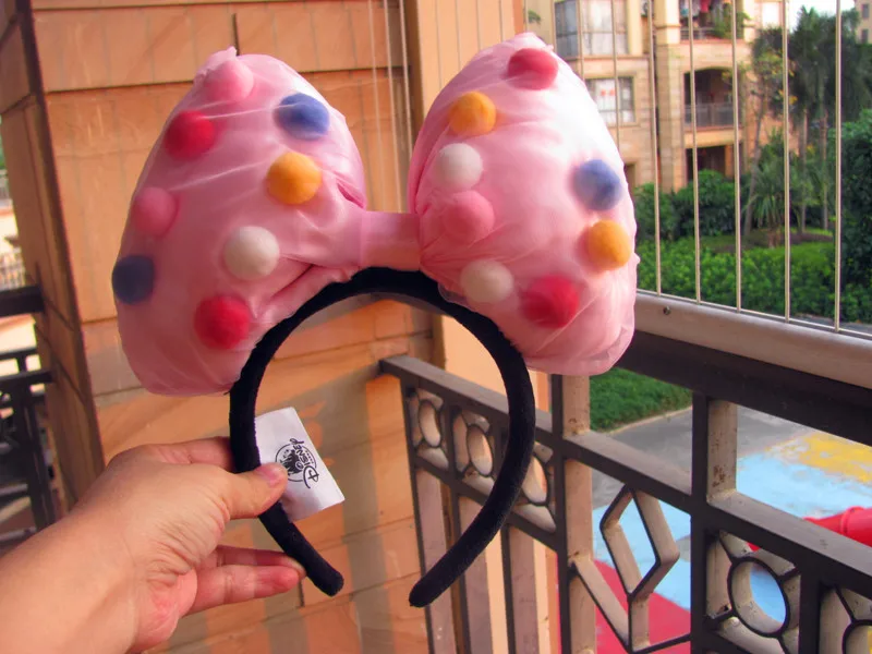 Disney большой бант розовый разноцветными помпончиками и уши Минни Маус повязка на