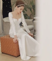 new design korea style square neck long sleeve soft satin simple plain sheath button wedding dress bride gown vestidos de novia