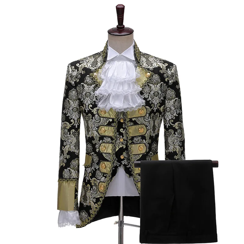 Mens Luxury 3 Piece Suits (Jacket+Vest+Pants) Vintage Palace Court Prince Costume Stage Drama Perform Dress Tuxedo Suit Men XL