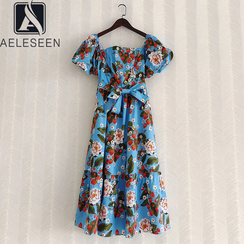 

AELESEEN Runway Fashion 100% Cotton Dress 2021 Designer New Summer Puff Sleeve Slash Neck Blue Flower Print Sashes Elegant Dress