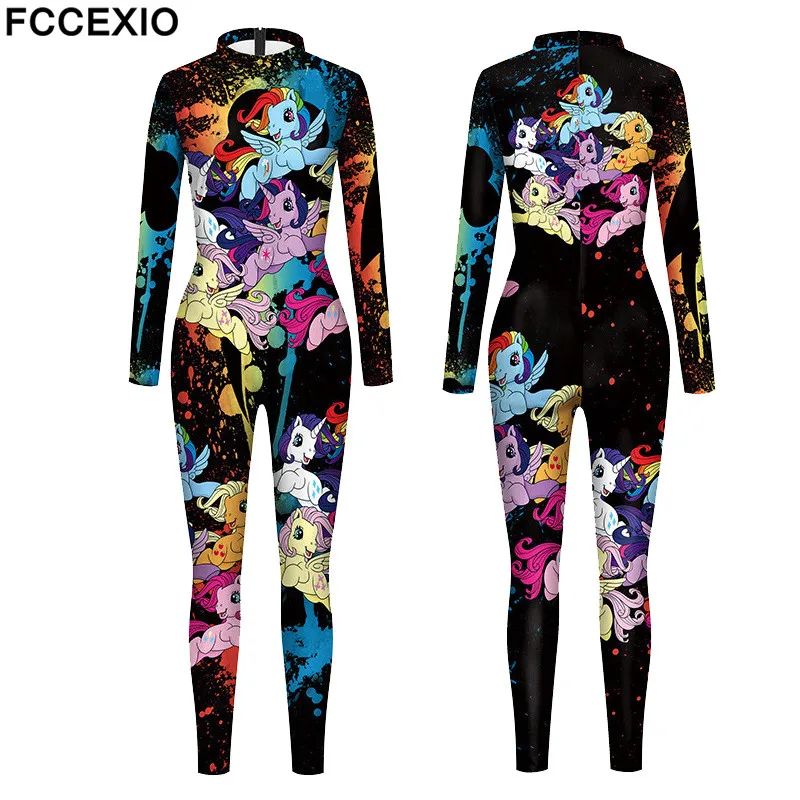 

FCCEXIO Cartoon Black Unicorn Print Sexy Bodysuits Women Plus Size Long Sleeve Rainbow New Jumpsuit Skinny Party Slim Jumpsuits