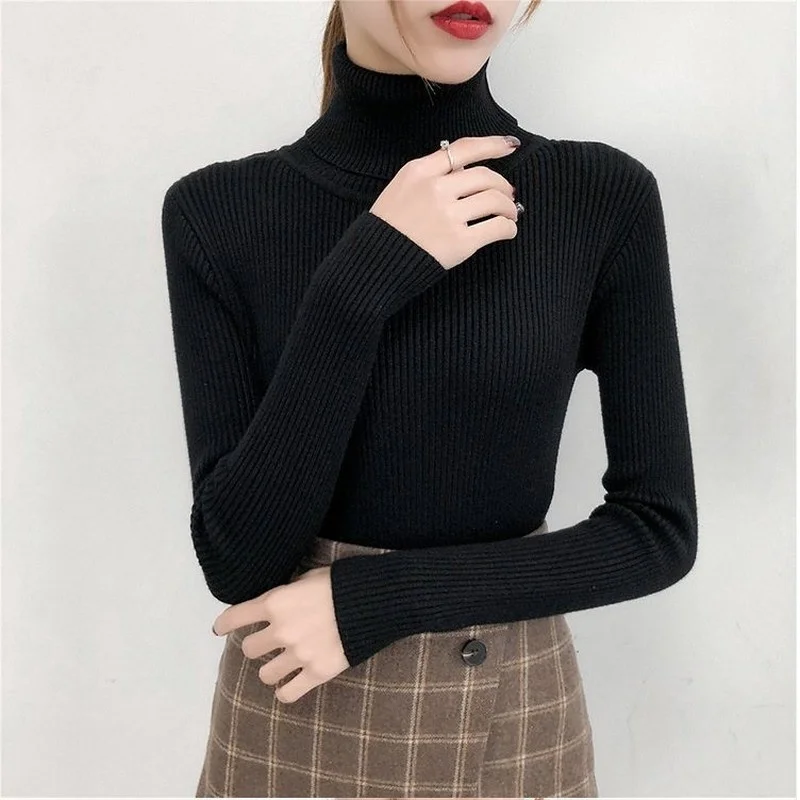 

Women's high neck knitted sweater, casual sweater, long sleeved T-shirt, women's tight sweater, autumn and winter