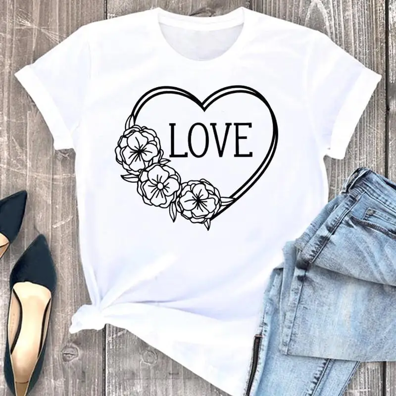 

Женская футболка с коротким рукавом, Повседневная футболка с цветочным принтом и сердечками, лето 2022
