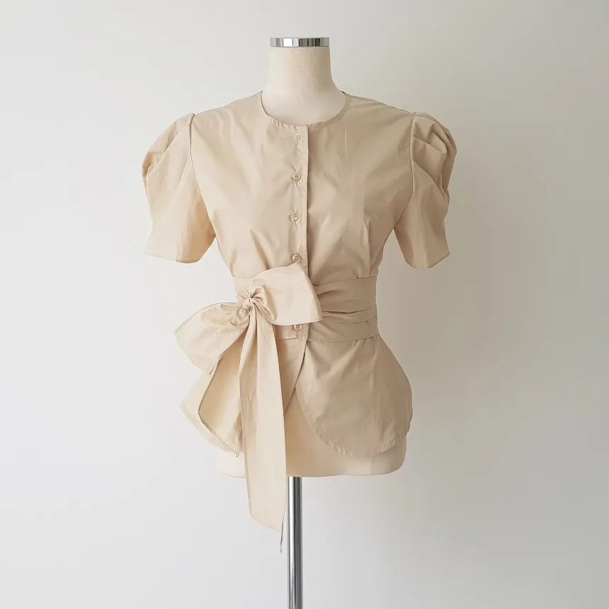

TVVOVVIN Blouses Solid Bandage Bow Puff Sleeve Summer Women Tops Single Breasted Shirts Korean Chic Elegant Blusas Mujer 4PE8