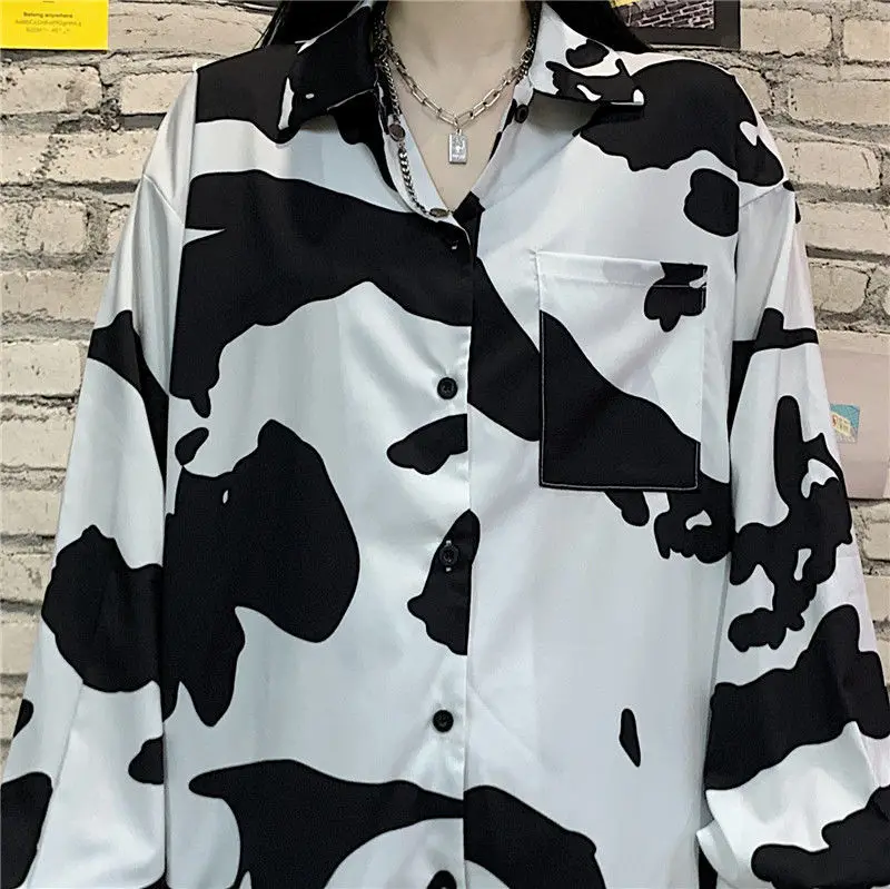 

Full Sleeve Shirts Women Oversize Boyfriend Pocket Cow Printed Ulzzang Stylish Soft Breathable Young Students Tops Outwear Lady