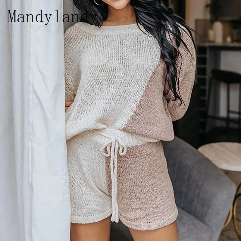 

Mandylandy Women's O-Neck Long Sleeve Sweater + High Waist Lace Up Straight Shorts Suit Autumn Solid Color Stitching Loose Suit