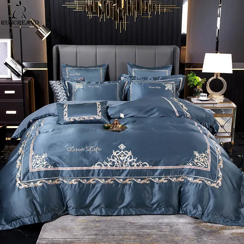

Сине-серый комплект постельного белья с вышивкой, шелковое хлопковое белье, Королевский размер, пододеяльник, простыня, подушка