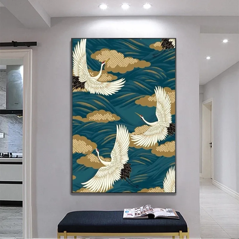

Chinese Canvas Painting Crane Posters On The Wall Gold Luxury Home Decoration Pictures for Interior Frameless Wall Art Prints