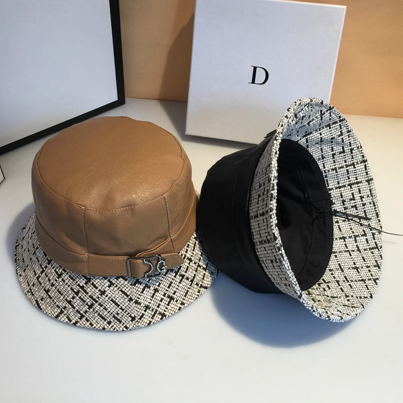 Top brand women luxury patchwork buckle basin caps Faux leather Bucket hat  KDOU024
