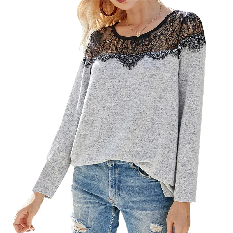 

2020 New Autumn Winter tops Casual Women Pullovers Lace Hollow out O-neck Patchwork Full Sleeve Slim sexy Ladies Knitwear