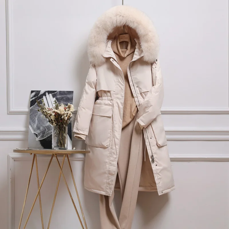 

Winter Warm Women Down Jackets Long Sashes Office Lady Fox Fur Down Parkas Coats Female Epaulet Large Pocket Slim ZYF0004