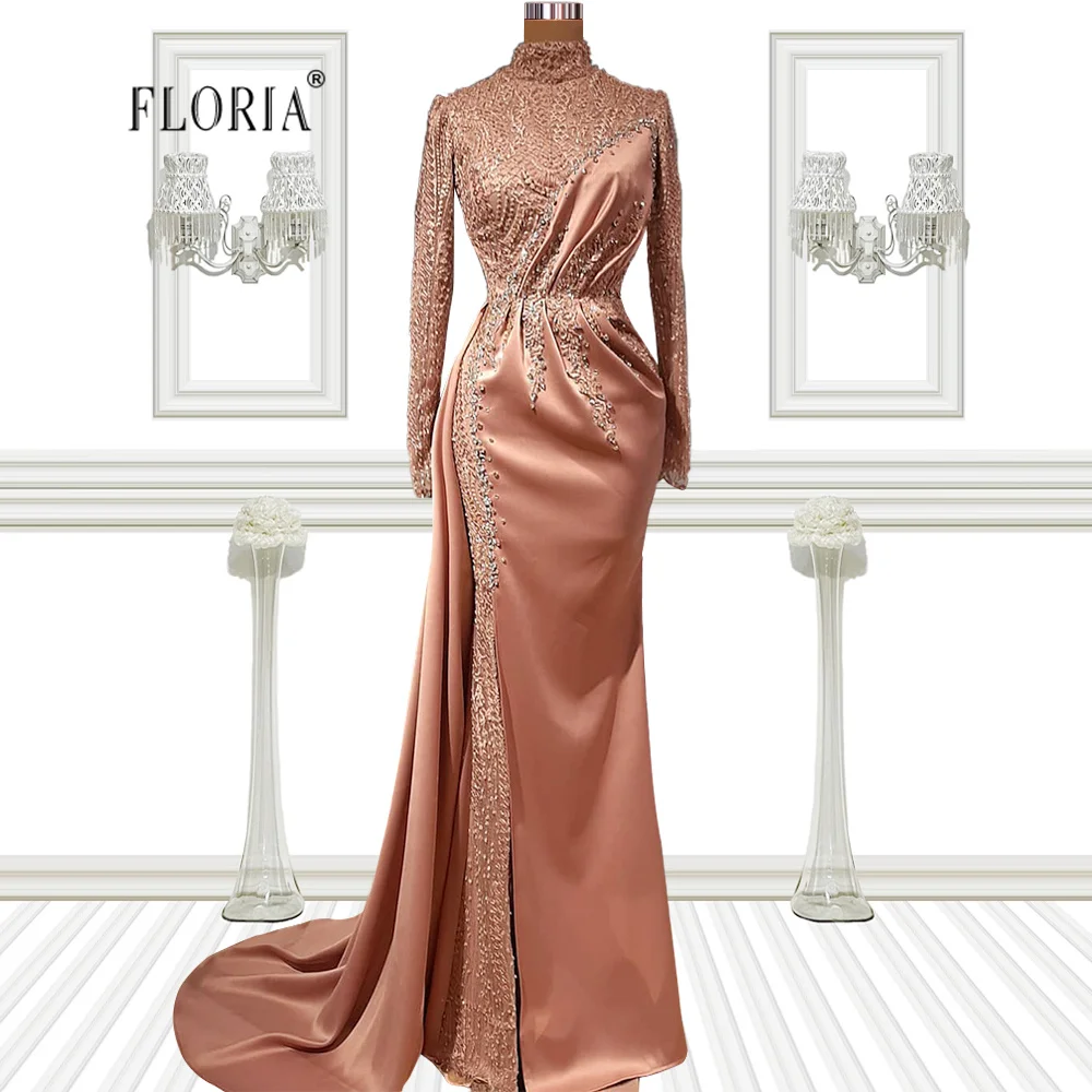 

Floria Champagne Pink High-neck Formal Evening Dress Long-sleeved Embroidered Beaded Split Prom Party Gown Vestidos De Noche