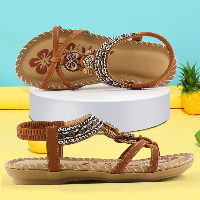 

Women's Sandals Retro Fashion Flower Print Sewing Shoes Rhinestone Design Summer Sandals Soft Elastic Band Sandals Walking