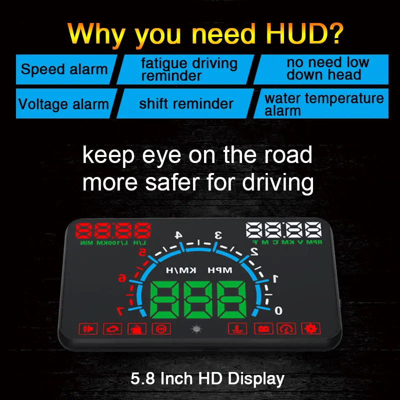 HUD Дисплей автосигнализации проекционный спидометр на лобовом стекле OBD 2
