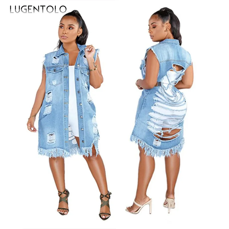 

Women Denim Coat Fashion Hole Sexy Backless Frayed Jacket Single-breasted Tassel Lapel Casual Loose Street Coats