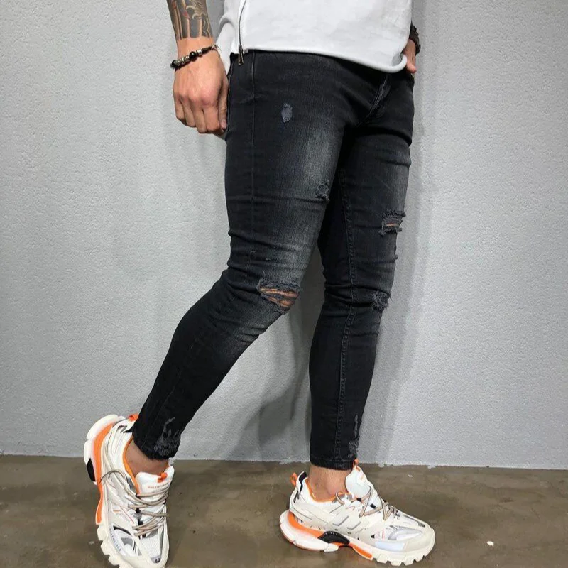 

Men's black skinny ripped jeans pencil foot trousers 2021 new men's Hole locomotive jeans all-match basic men's streetwear