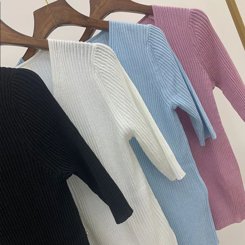 

Knit Sexy V Neck Women T Shirt Spring Summer Pearl Buttons Pullover Tops Female Short Sleeves Tshirt