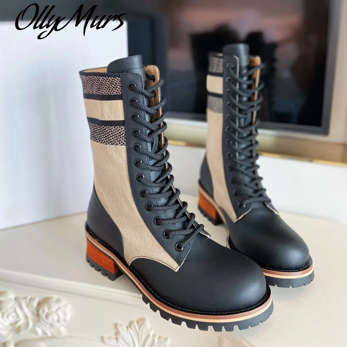 

Ollymurs Beige leather women's Motorcycle Boots Luxury Lace-Up low heel Round Toe mid-calf combat martin booties embossed shoes