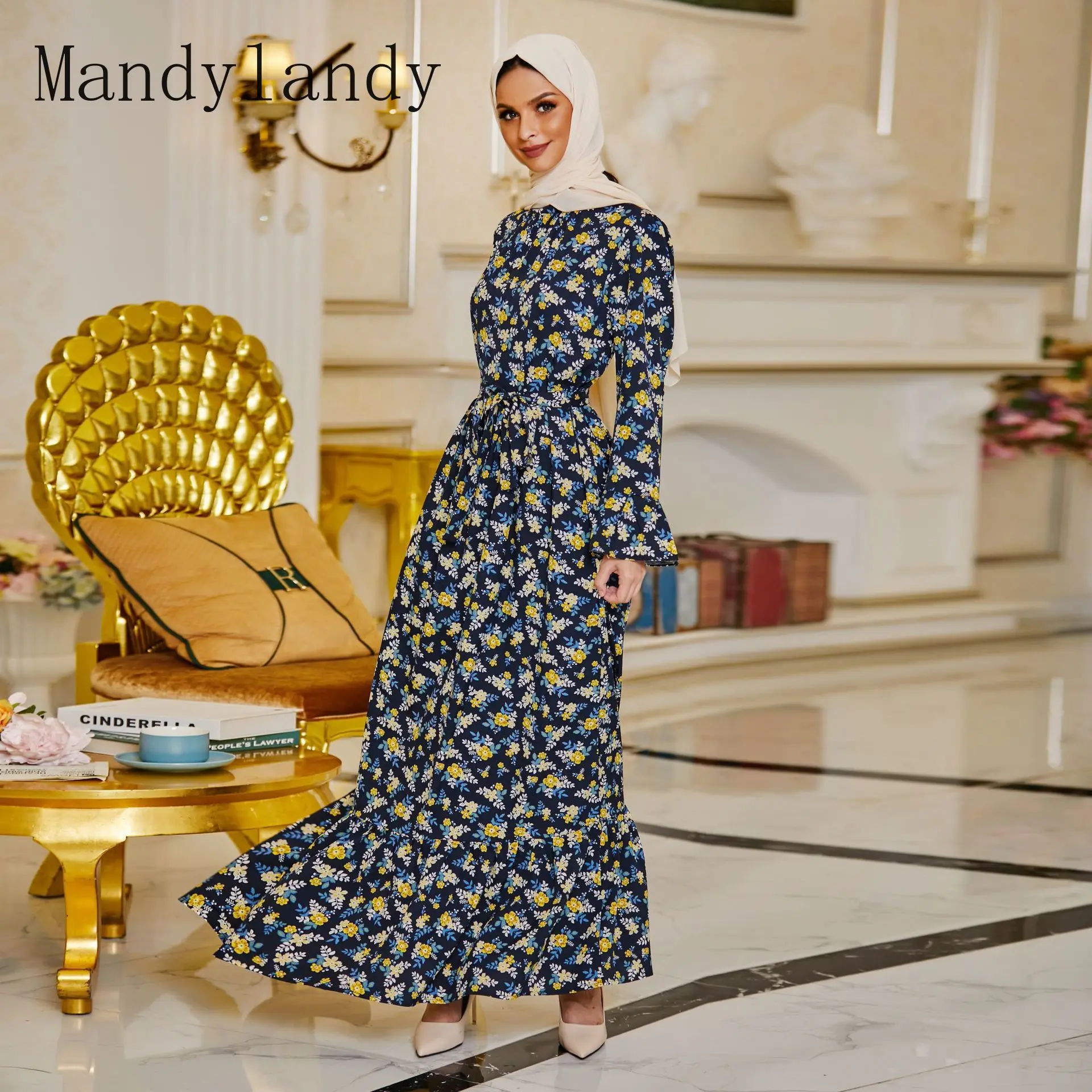 

Женское мусульманское платье Mandylandy с длинным рукавом, приталенная одежда Дубай, абайя, мусульманское платье длиной до щиколотки с принтом