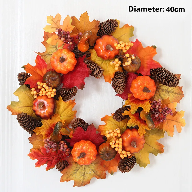 Осенний тематический дверной венок искусственные тыквы ягоды сосна конус клен