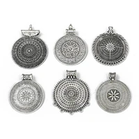5pcs large antique flower round metal charms pendant connector for diy jewelry findings making necklace supplies accessories