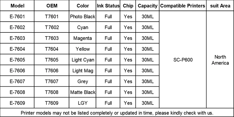 Tatrix совместимый чернильный картридж для принтера Epson T7601 T7602 T7603 T7604 T7605 T7606 T7607 T7608 T7609 костюм для Epson суреколор SC-P600