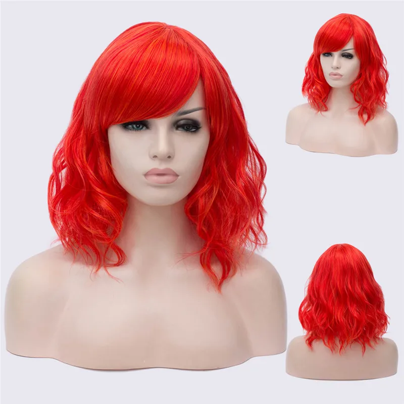 MSI Wigs, Короткие парики для косплея, фиолетовый, для женщин, кудрявый, красный, синий, парик с боковой челкой, зеленый, розовый, синтетический парик, жаростойкий