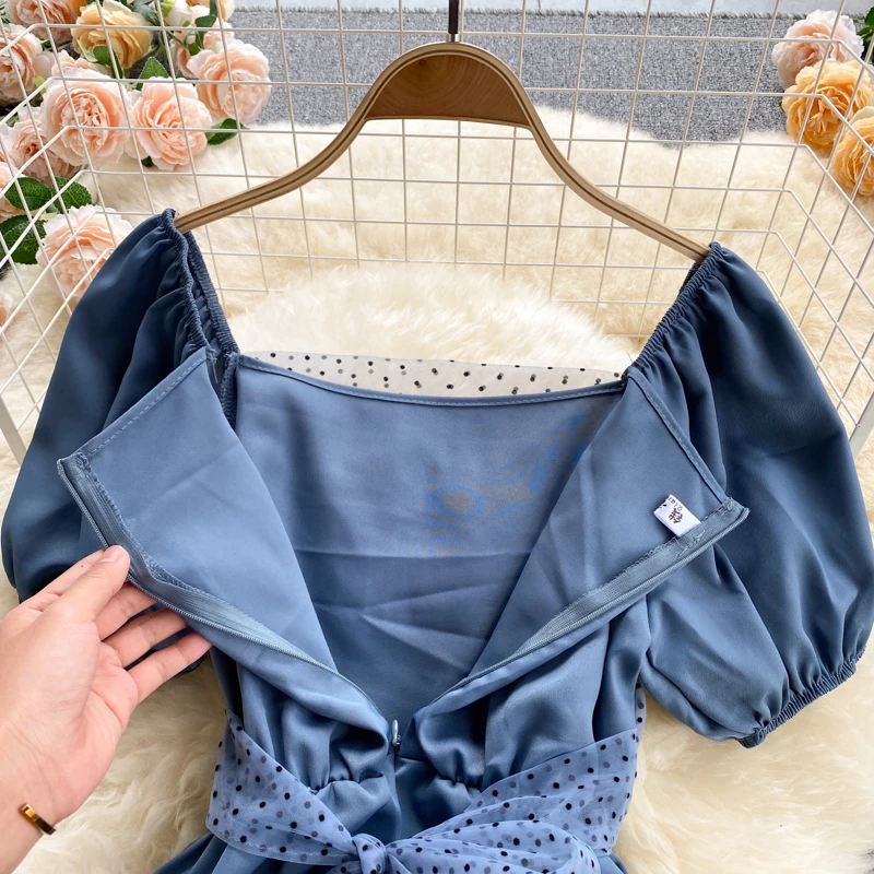 

Puff Sleeve Jumpsuit Women Summer 2021 Design Sense Niche Sweetness Mesh Stitching Slim Short Wide-leg Pants Combinaison Femme