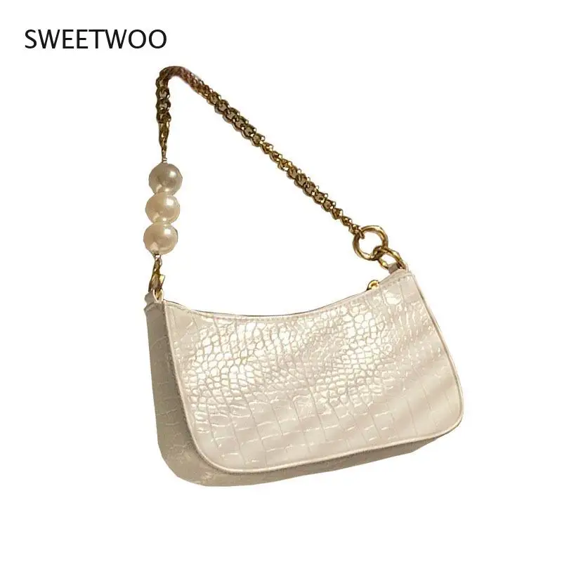 

French Retro Crocodile Pattern Pearl Chain Underarm Bag Female 2021 Handbag Texture Women Single Shoulder Messenger Bag Purse