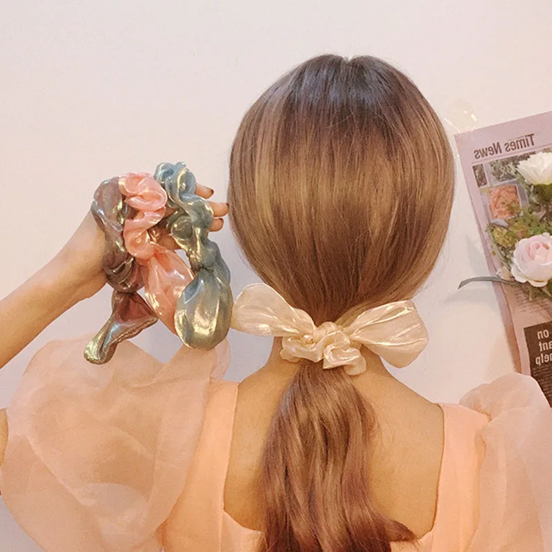 

Women Elegant Solid bright Silk Chiffon Rabbit Ears Scrunchie Hair Tie Rubber bands Headband Hair bands Fashion Hair accessories