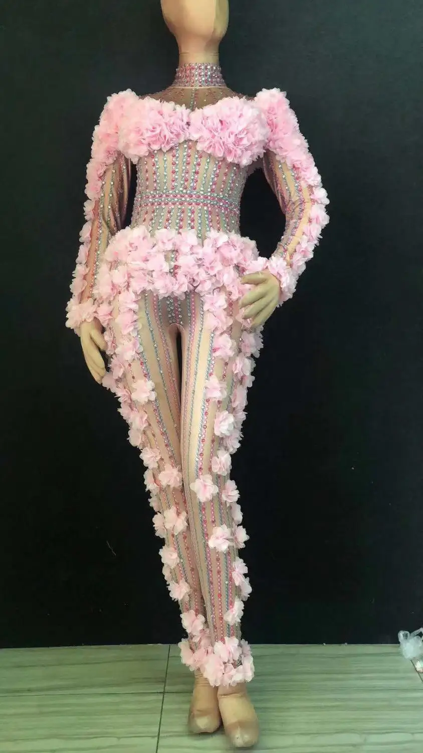 

Women Fashion Spring Jumpsuit Rhinestone Flowers Multicolor Stripes Sexy Leotards Bar Party Celebrate Club Performance Rompers