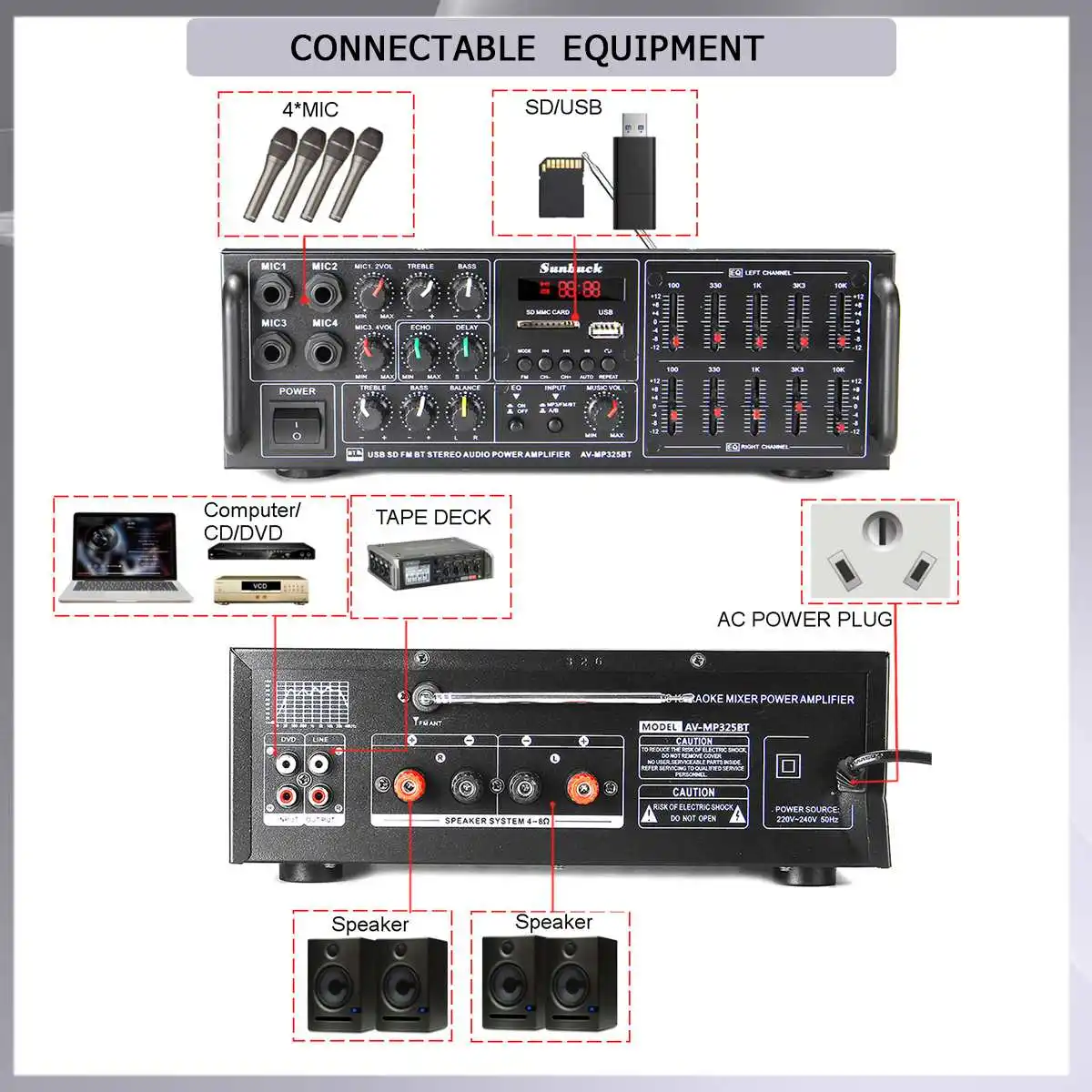 110 В 220 Вт USB SD AMP FM DVD AUX с дистанционным управлением Поддержка 4-полосного микрофона