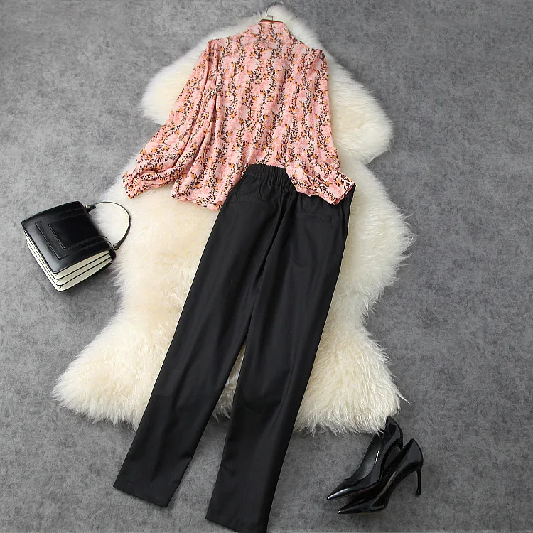 European and American women's clothing new 2021 spring long-sleeved printed shirt  Nine minutes of pants  Fashion suits
