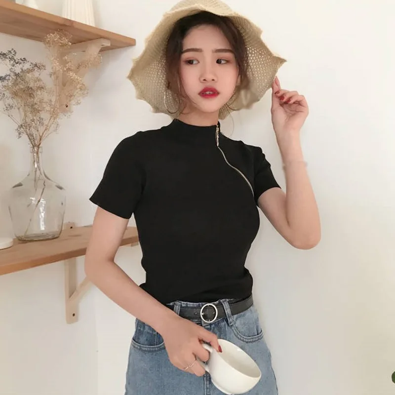 

for Women Summer Stand Neck Long Sleeve Casual T Shirt Sexy Slim Party Club Tee Shirt Tops Fashion Zipped Knitted T-Shirts