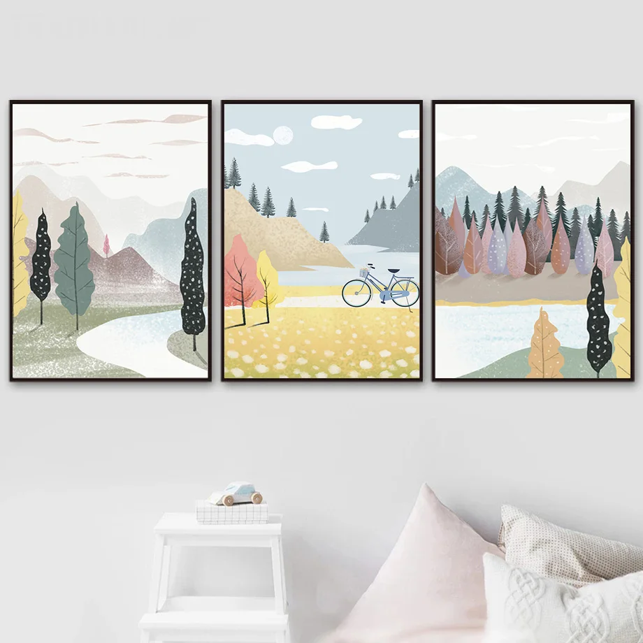 Северная современная ландшафтная минималистская картина леса и реки на холсте для украшения стены в комнате дома.