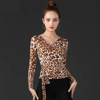 leopard latin dance female adult sexy top v neck performance clothes national standard ballroom dancing practice clothing shirt