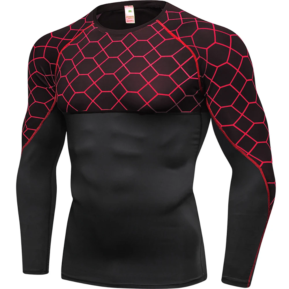 Men Compression Shirt Quick Dry Print Patchwork Tight Long Sleeve Running T-shirt Underwear Gym Fitness Training Sportswear
