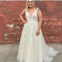 a line wedding dress plus size low back sleeveless lace appliques women bridal gown big sweep train floor length elegant v neck