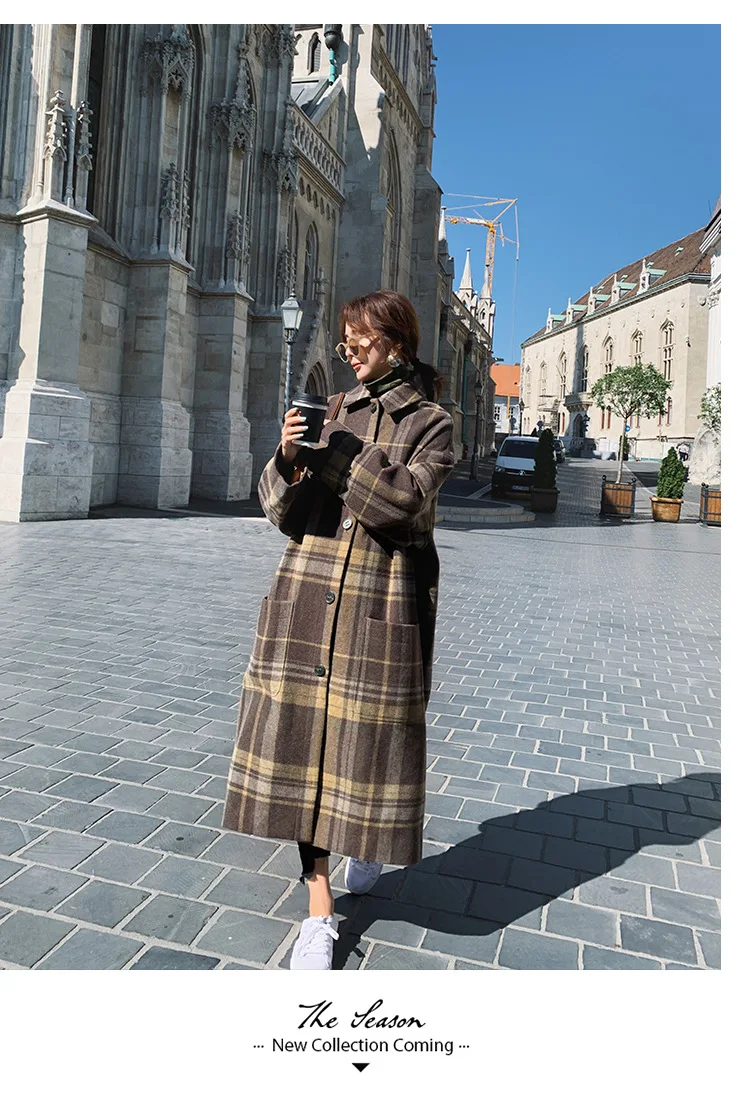 Шерстяное клетчатое пальто для фотосессии, женское, средней длины, зима, стиль, корейский стиль, модное, элегантное, свободное, Дафлкот, модное пальто