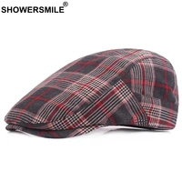 showersmile red check beret hats for men women plaid flat caps cotton berets male classic british style vintage adjustable hats