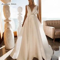 simple a line wedding dress with big bow sexy backless v neck long satin bridal gowns sweep train 2021 country vestido de novia