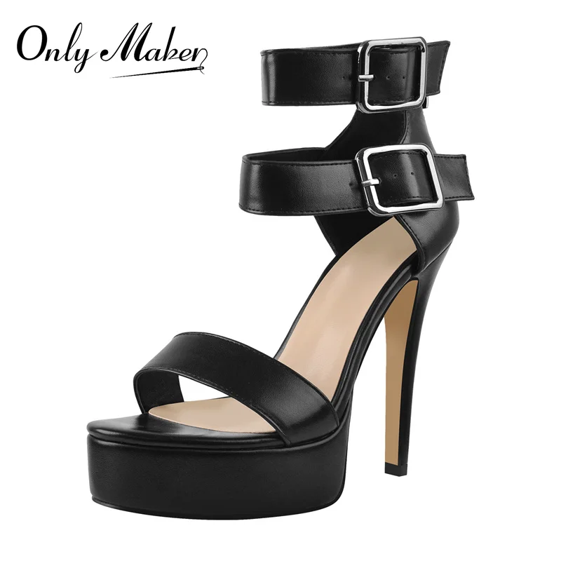 

Onlymaker Summer Platform Sandals For Women Matte White Peep Toe Ankle Buckles Narrow Band Thin High Heels Shoes Zipper Big Size