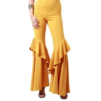 new womens high waist ruffled flared pants back zipper stretchy skinny wide leg european stylish trousers