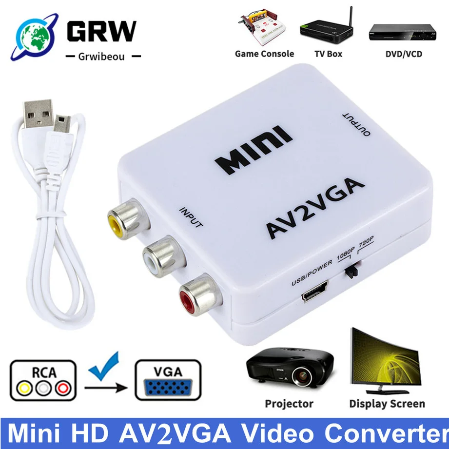 

Мини-видеоконвертер GRWIBEOU 1080P RCA AV-VGA видеопреобразователь с 3,5 мм аудио AV2VGA / CVBS + аудио в HDTV ПК