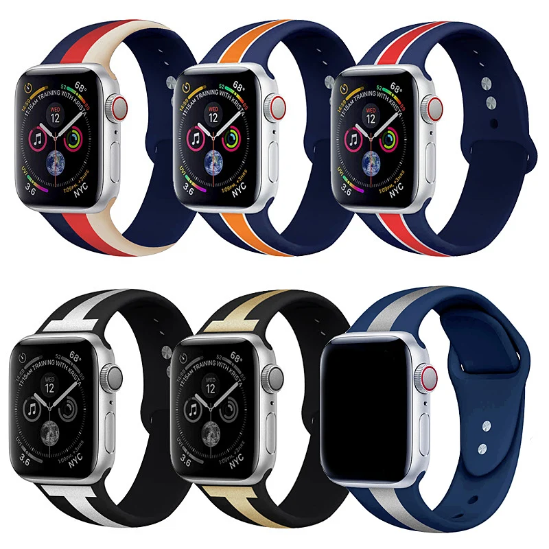 Спортивные костюмы в полоску, ремешок для наручных часов Apple Watch 5 Series 5 4/3/2 Браслет ремешок для наручных часов iWatch 38 мм/40 мм/42 мм/44 мм мягкий силиконовый сменный ремешок