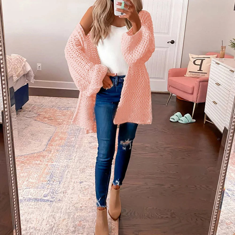 

Autumn Winter New Cardigan Knitted Women Vintage Long Sleeve Sweater Casual Coat Hollow Elegant Sweaters Y368