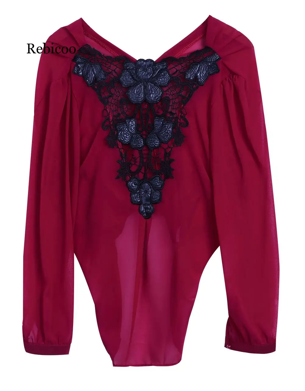 

Sexy Women's Ladies Casual V-neck Chiffon Tops Long Sleeve Back Lace Shirt Loose Shirt Fashion Shirt