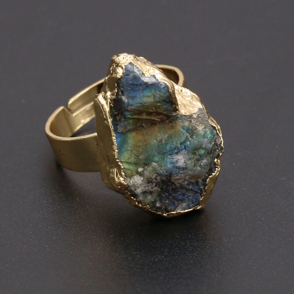 

Reiki Heal Natural Stone Quartzs Rings Gold plated Black Rock Agates Adjustable Finger Ring Jewelry for Women Party Gifts
