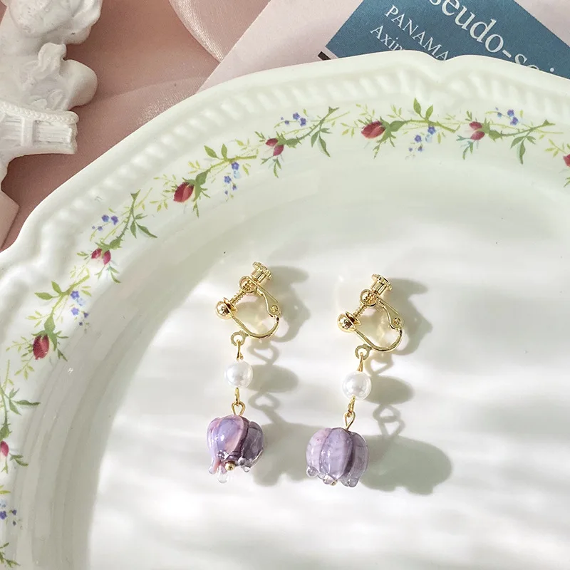 

Origin Summer Temperament Purple Color Glaze Flowers Dangle Earring for Women Faux Pearl Plant Long Earring Jewelry Pendientes